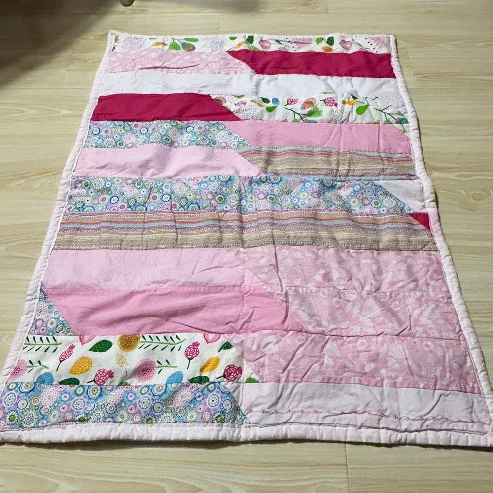 Handmade Floral patchwork baby blanket crib quilt pink multi
